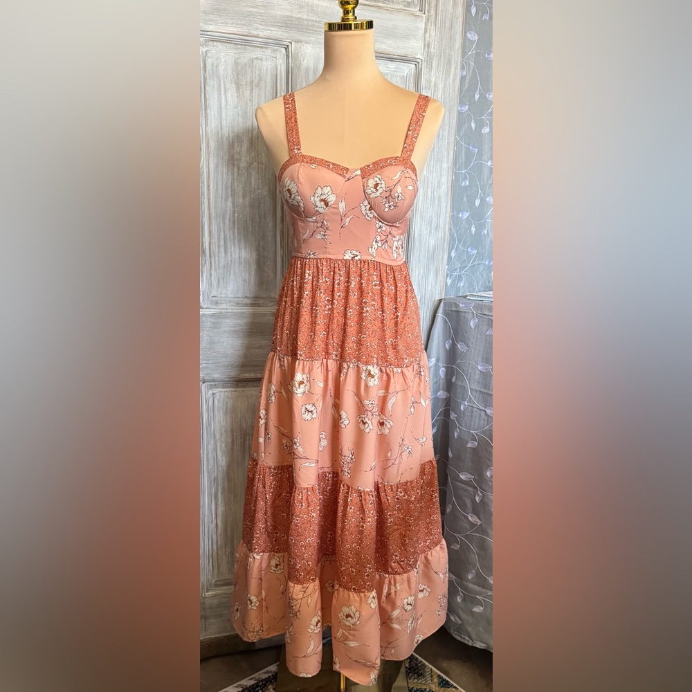 Band Of The Free Floral Tiered Midi Dress In Coral/Pink/Ivory (Size: XS)
